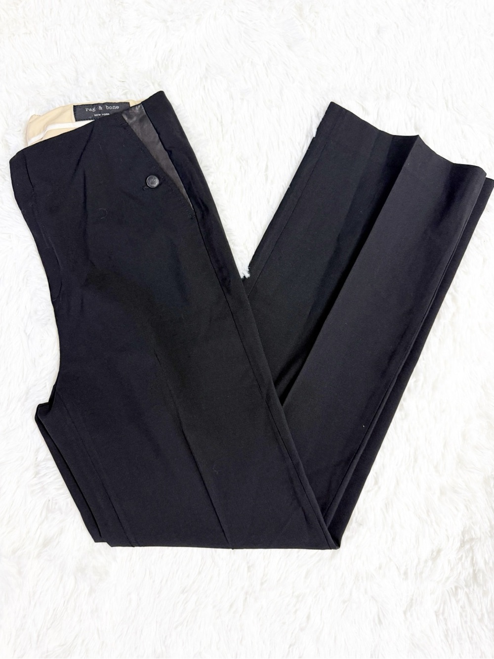 Rag & Bone Women’s Size 10 Black Wool Wide Leg Trousers Leather Trim